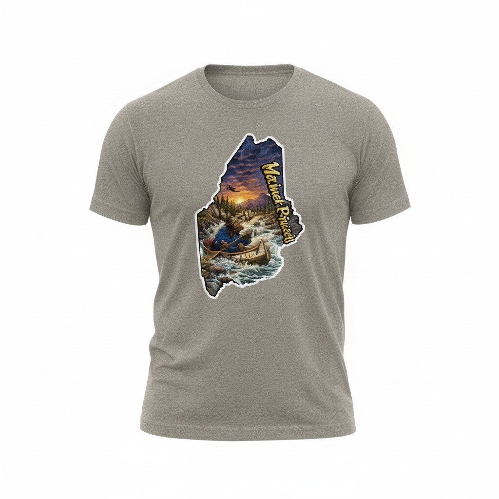 This shirt design features a moose paddling down white water in a birch bark canoe. The outline of the state of Maine is the framework and the words, "Wicked Pissah" run up the right side of the design. 