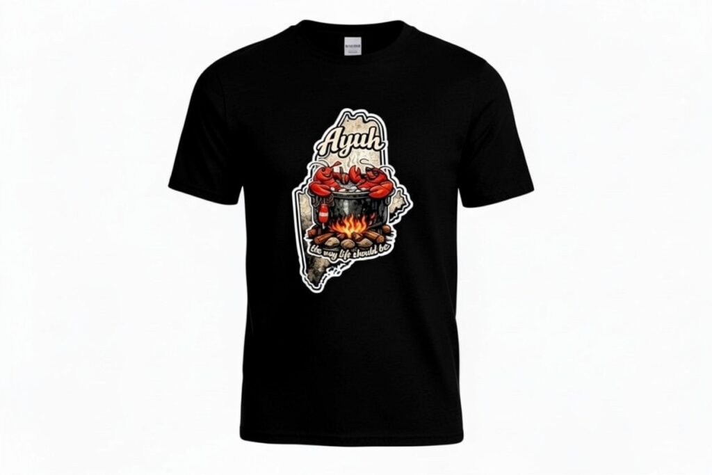 A black t shirt with the design of Two lobsters in a pot enjoying themselves. The saying "Ayuh" is near the top and "The way life should be" follows the coast line of Maine. 
